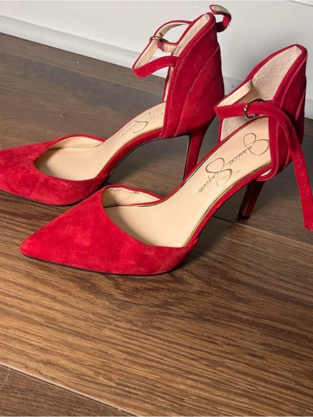Jessica Simpson Red Suede Pointed-Toe Ankle-Strap Pumps